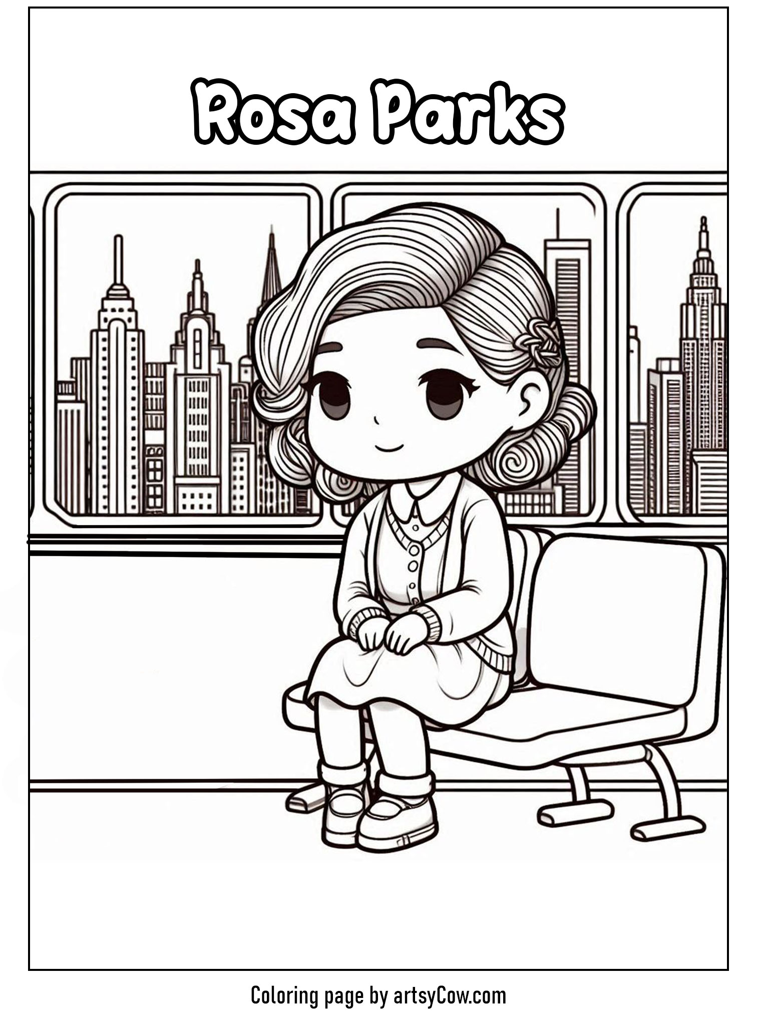 International women's day coloring sheets featuring Rosa Parks sitting on a bus with a cityscape in the background, highlighting her historic moment.